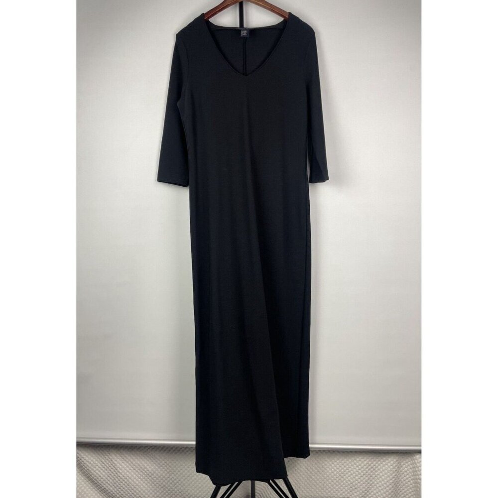 Boston Proper Black Slinky Goth V-Neck 3/4 Sleeve Back Slit Midi Dress Size M